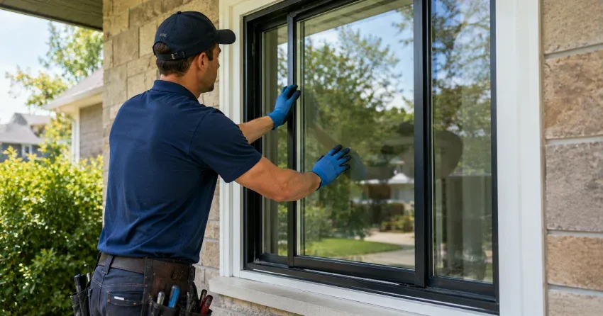technician measuring a broken window pane for replacement in Copperfield, London