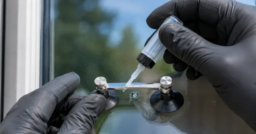 technician performing chipped glass repair on a window in Ealing, London