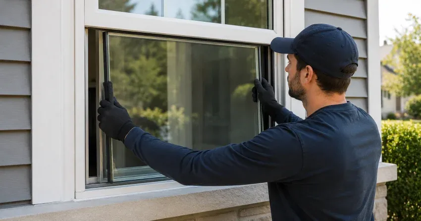 technician boarding up broken window during emergency glass repair Argyle, London