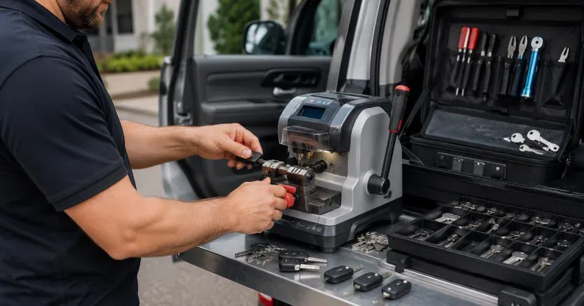 technician cutting a replacement car door lock key in London