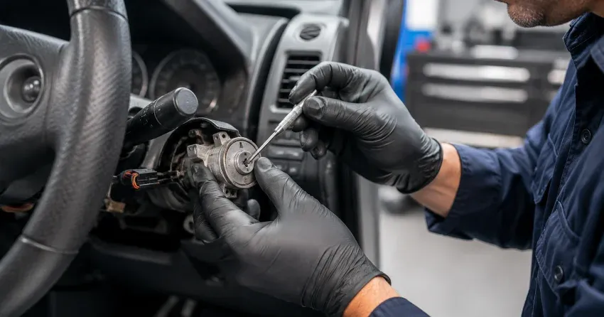 technician diagnosing an ignition lock repair issue in Summerside, London