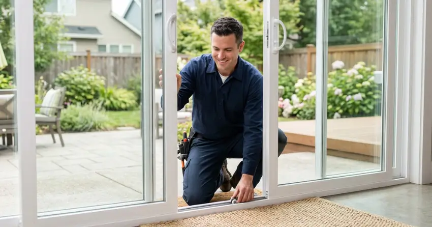 technician diagnosing a sticking patio door in Central, London