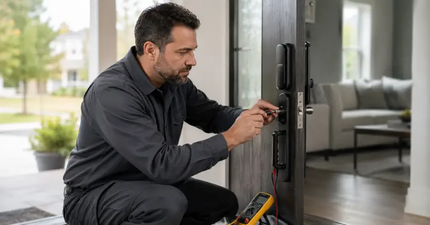 technician diagnosing automatic door lock mechanism on residential door in Copperfield, London