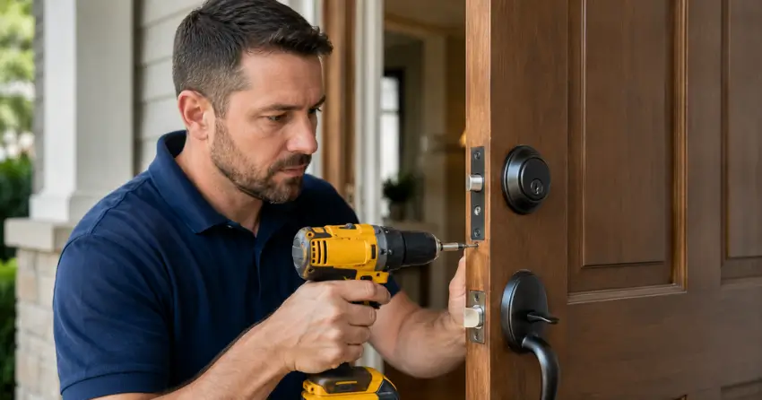 technician installing a new deadbolt during Change Door Lock Limberlost, London service