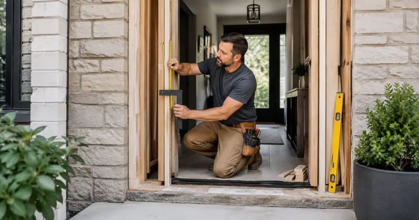 exterior door installer assessing rough opening in Rosecliffe, London