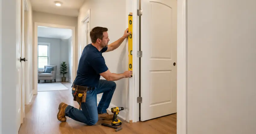 technician installing a pre-hung interior door in a home hallway Ealing, London