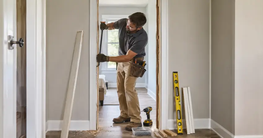 technician removing an old interior door frame during installation Bostwick, London