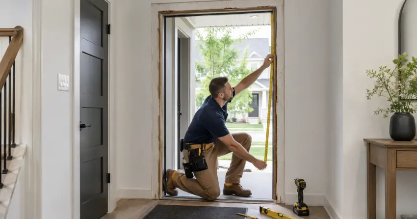 technician measuring a door frame before new door installation in Forest Hill, London