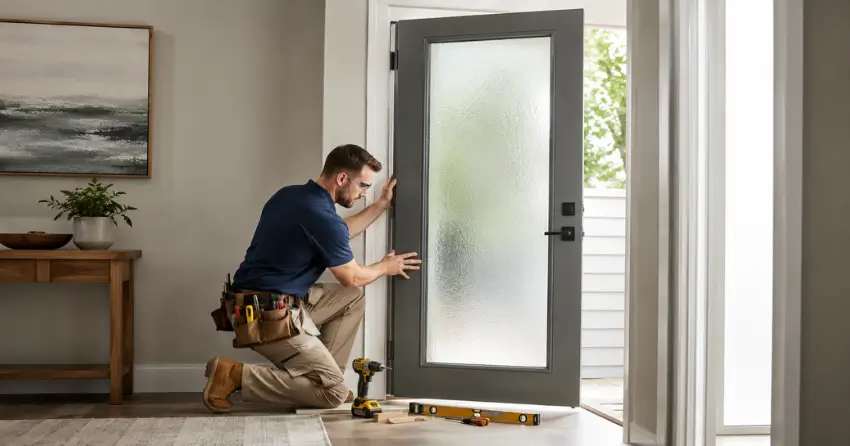 glass panel door installation with frosted privacy glass in residential setting in Limberlost, London