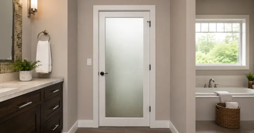 frosted glass panel bathroom door installed in a London home