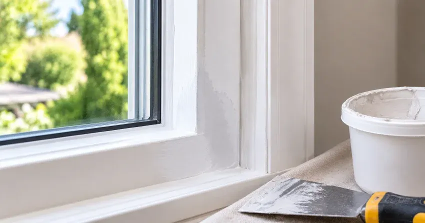 technician repairing rotted window frame corner in Bishop Hellmuth, London