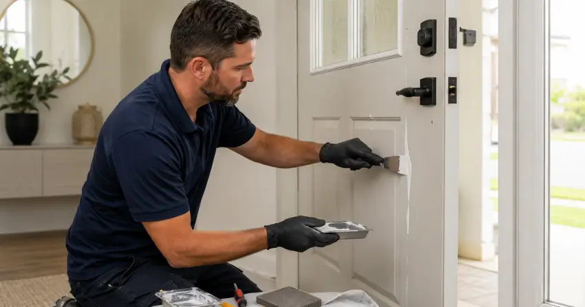 technician repairing fiberglass door surface crack in Summerside, London