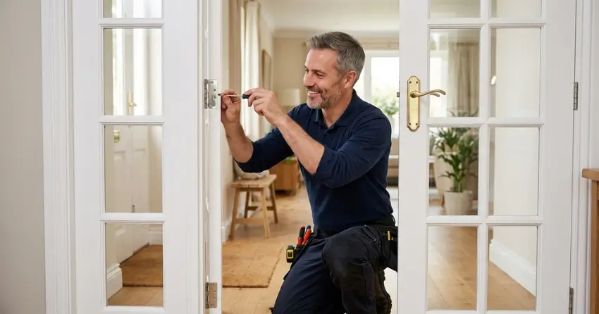 technician adjusting French door hinge for proper alignment in Talbot, London