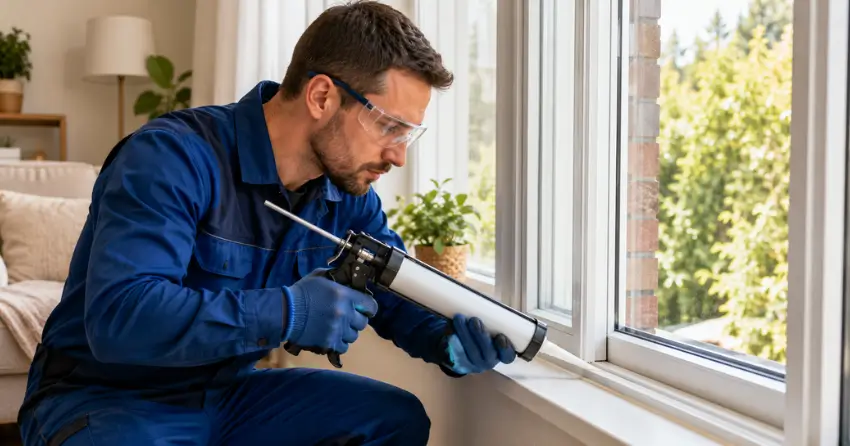 technician repairing window seal and frame in Kensal Park, London