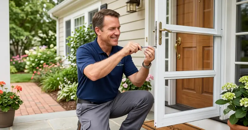 technician adjusting storm door hinge and closer in Copperfield, London