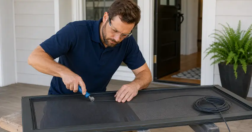 technician replacing screen door mesh and spline in Hampton Glen, London